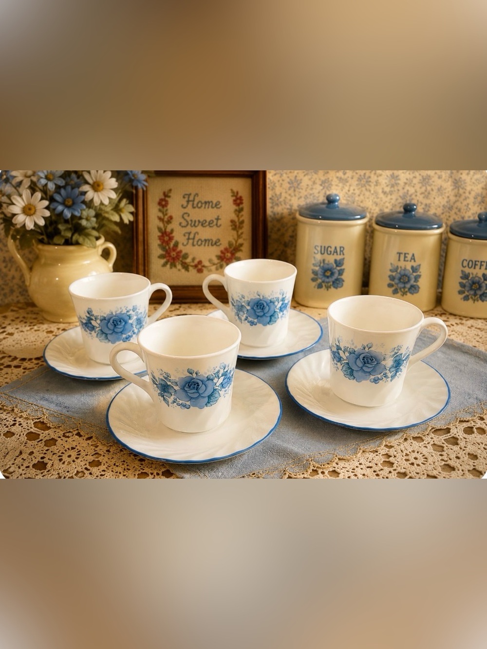 Corningware Blue Floral Tea Cups and Saucers Set